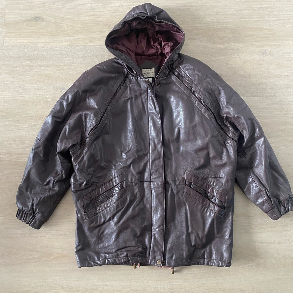 Men's Vintage Dark Brown Hooded Genuine Leather Jacket Size L